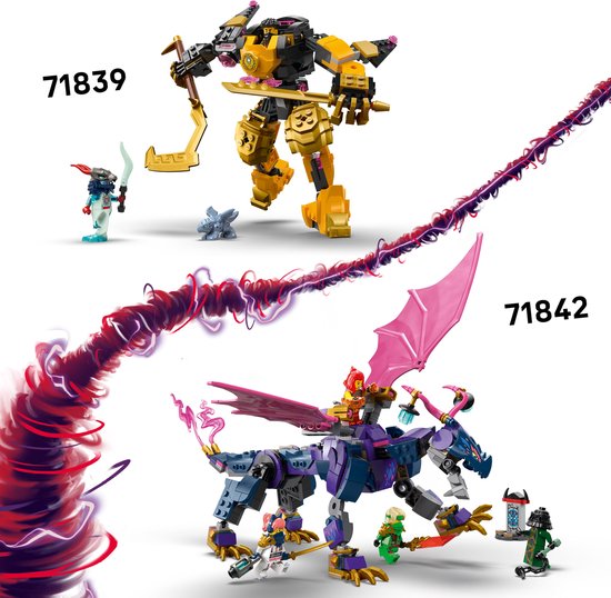 Gouden robot met boog en paarse draak met ruiter, genummerd 71839 en 71842.