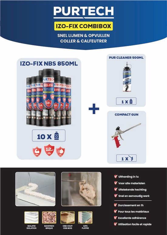 Purtech - Izo-fix Combibox - PUR montageschuim - Pu schuim - 10x izo ...