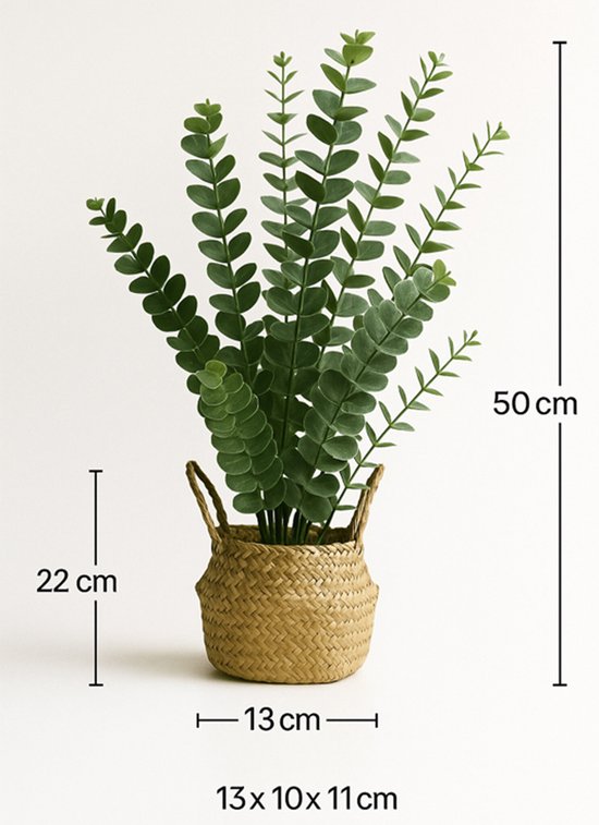 Plante artificielle d'eucalyptus de 50 cm de haut dans un panier tressé avec des poignées. La plante a de longues tiges courbées avec des feuilles rondes et vertes.