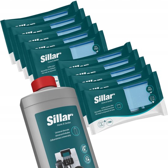 Set van Sillar waterfilters en een fles Sillar universele ontkalker.