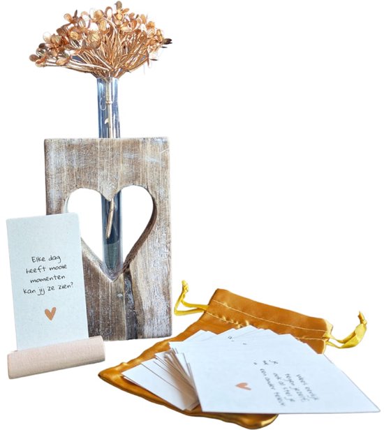 Brievenbus cadeau | Bloemenvaasje met gouden bloem & leuke kaartjes met houder