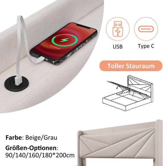 Lit simple rembourré avec espace de rangement sous le lit et tête de lit chargeur USB Type C, lits de rangement cadre de lit en matière lin lit jeune 90x200 avec sommier à lattes (sans matelas) beige