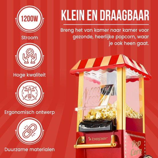 Kleine, draagbare rode popcornmachine met gouden accenten, met pictogrammen voor 1200W, hoge kwaliteit.