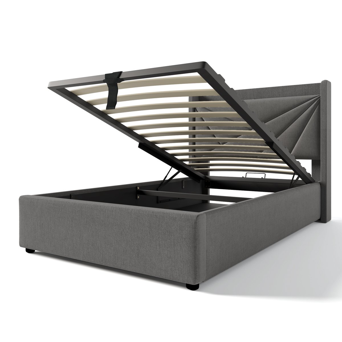 Merax Gepolsterd eenpersoonsbed met opbergruimte onderbed en USB Type C-oplader hoofdeinde, opbergbedden bedframe van linnen materiaal jeugdbed 90x200 met lattenbodem (zonder matras) grijs