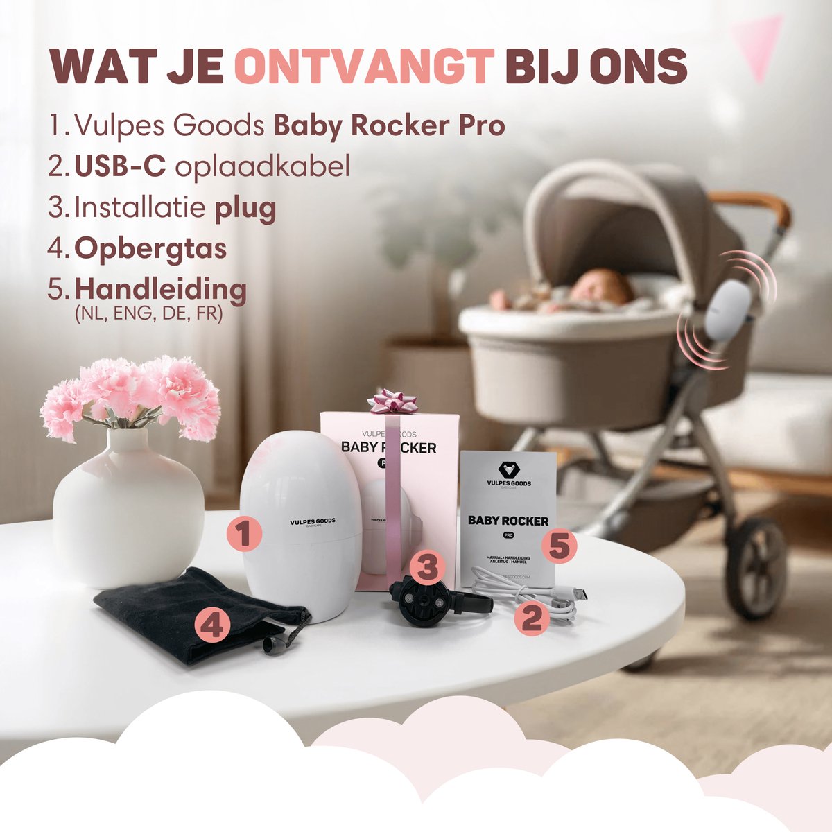 Vulpes Goods® BabyCare - Baby Rocker voor Kinderwagen - Baby Swing - Babywipstoel - Automatisch Schommelen - Incl. Reistas - PRO Versie — afbeelding 10
