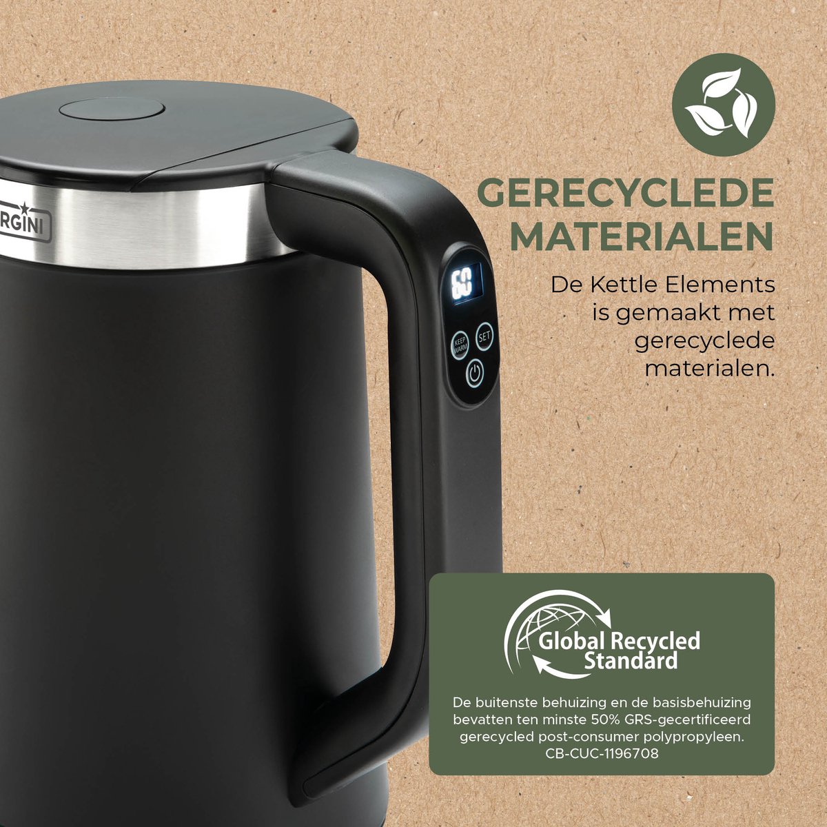 Bourgini Elements - Digitale Waterkoker - Zwart - 1.7 liter inhoud - GRS gecertificeerd gerecyclede materialen — afbeelding 2