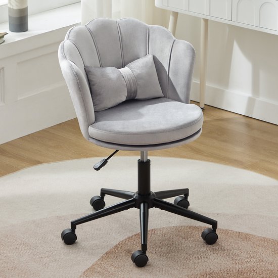 Chaise de bureau - chaise de maquillage - ergonomique - chaise en velours avec dossier en pétales - réglable en hauteur - chaise pivotante à roulettes - Grijs