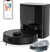 Zwarte robotstofzuiger, leegstation en mobiele app met plattegrond.