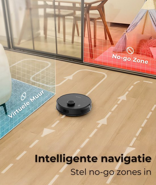 Zwarte robotstofzuiger die intelligente navigatie gebruikt om virtuele muren en no-go zones te creëren.