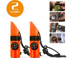 Colorful Sun® 7-in-1 Survivalfluit - 2 Stuks - Oranje - Noodfluit met LED, Kompas, Thermometer, Spiegel, Vergrootglas & Opbergvak - 120 dB Alarmfluit - Voor Noodgevallen, Outdoor, Wandelen, Camping & Sport - Inclusief Sleutelkoord