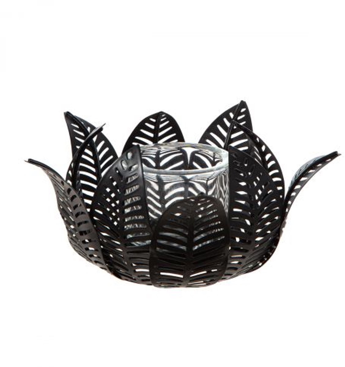 Gilde Handwerk - Windlicht - Kaarsenhouder - Bladvorm - Lotus - Metaal - Glas - 9x18cm