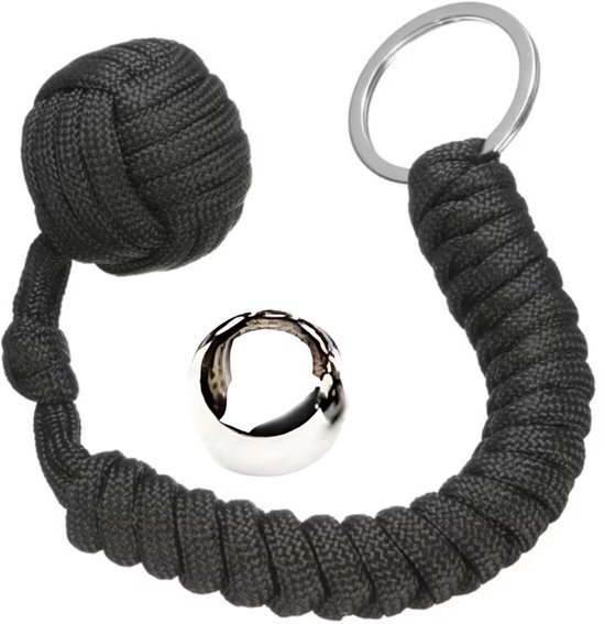 Zwarte monkey fist sleutelhanger met een losse stalen bal.