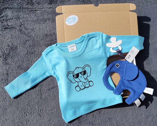 Kraamcadeau -blauw - olifant - shirtje - speendoekje - maat 50/56 van Merkloos — afbeelding 2