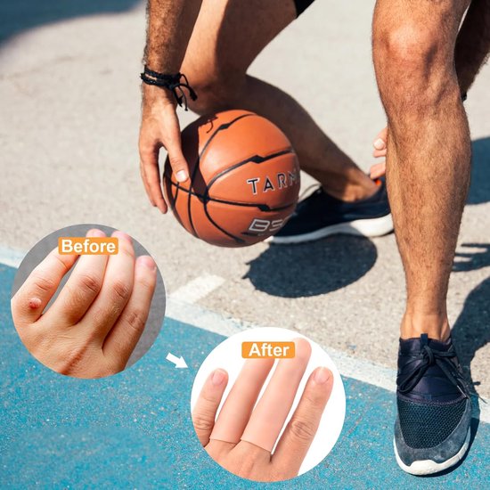 Een basketbalspeler met een hand die drie lichtroze vingerbeschermers draagt, met 'voor' en 'na' beelden van een vinger.