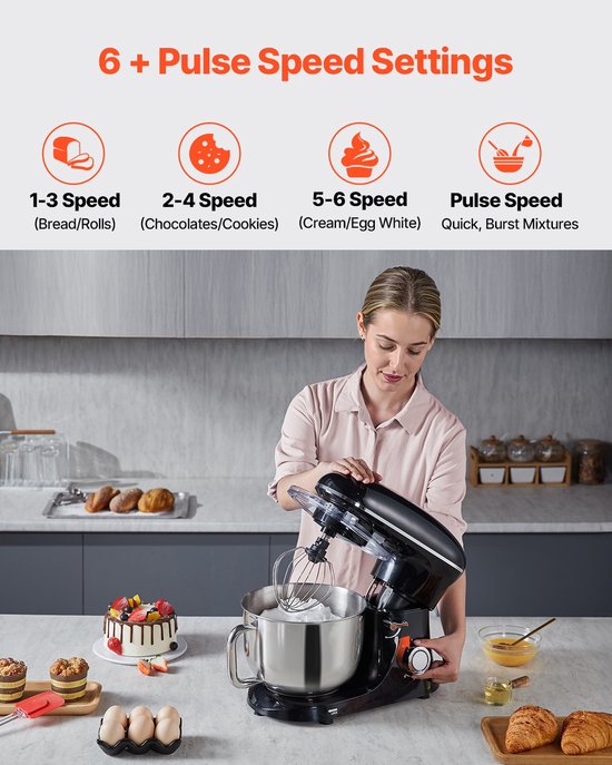 Keukenmachine, 8,3 QT Deegmixer, 1400 W, 6+P Snelheden, Keukenmachine met Kantelbare Kop en Roestvrijstalen Kom, Deeghaak, Garde, Platte Klopper, Schraper — afbeelding 3