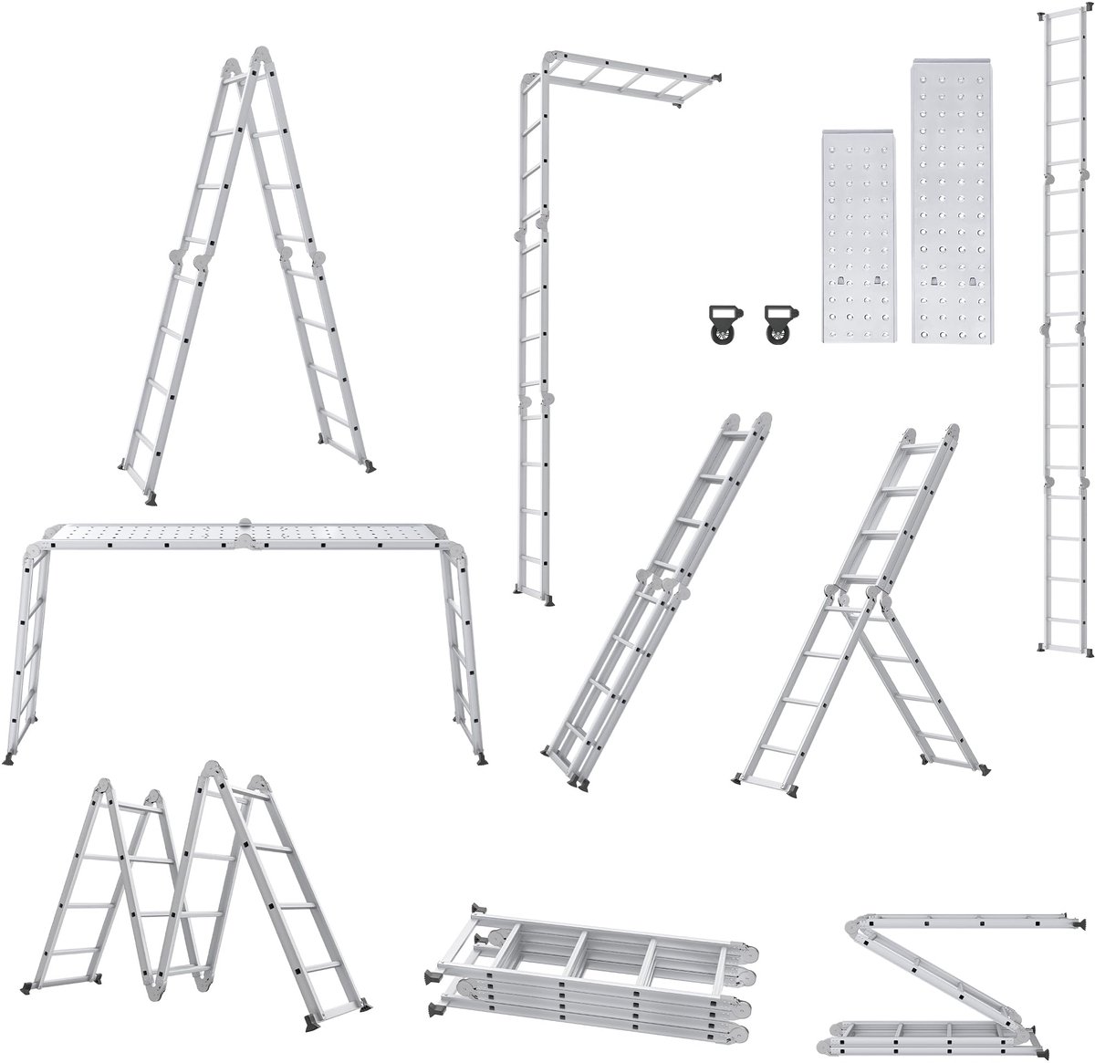 Aufun 6-in-1 multifunctionele ladder - Aluminium met platform - 4.7 m - Vouwladder - Draagvermogen 150 kg - 4x4 treden met 2 steigerplaten