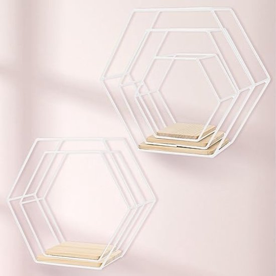 Panthem Hexagon wandrek, zwart metaal, 3-delig set, wanddecoratie, hangrek, loft wandrekken, zwart rek voor wanddecoratie in woonkamer, slaapkamer, badkamer, café en hotel