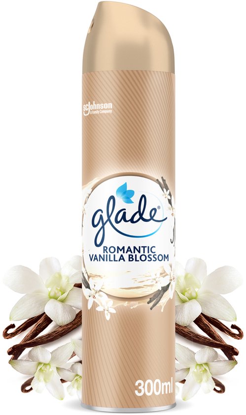 Glade Romantische Vanillebloesem luchtverfrisser. Beige spuitbus met 'glade' logo, bloemen en vanillepeulen. 300ml.