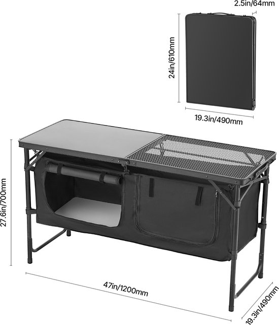 Camping Keukentafel, Opvouwbare Outdoor Kooktafel - 3-Voudig in Hoogte Verstelbaar, Draagbaar Aluminium Kookstation met Opbergruimte en Draaggreep, Geschikt voor Barbecues, Picknicks en Reizen met een Camper, Zwart van Camping — afbeelding 2