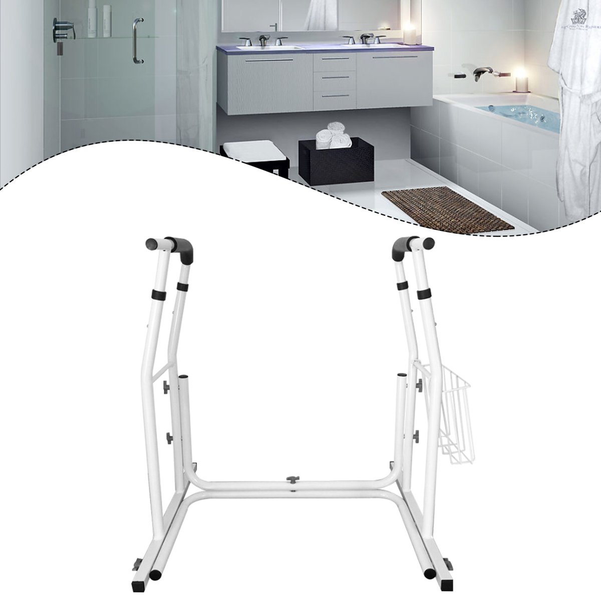 Aufun Mobiele Toiletsteun, In Hoogte Verstelbaar Toiletsteunframe Met Opbergmand, Antislip, Toiletsteunframe Voor Senioren, Zwangere Vrouwen, Gedeactiveerd, Maximale Belasting 200 Kg, Wit
