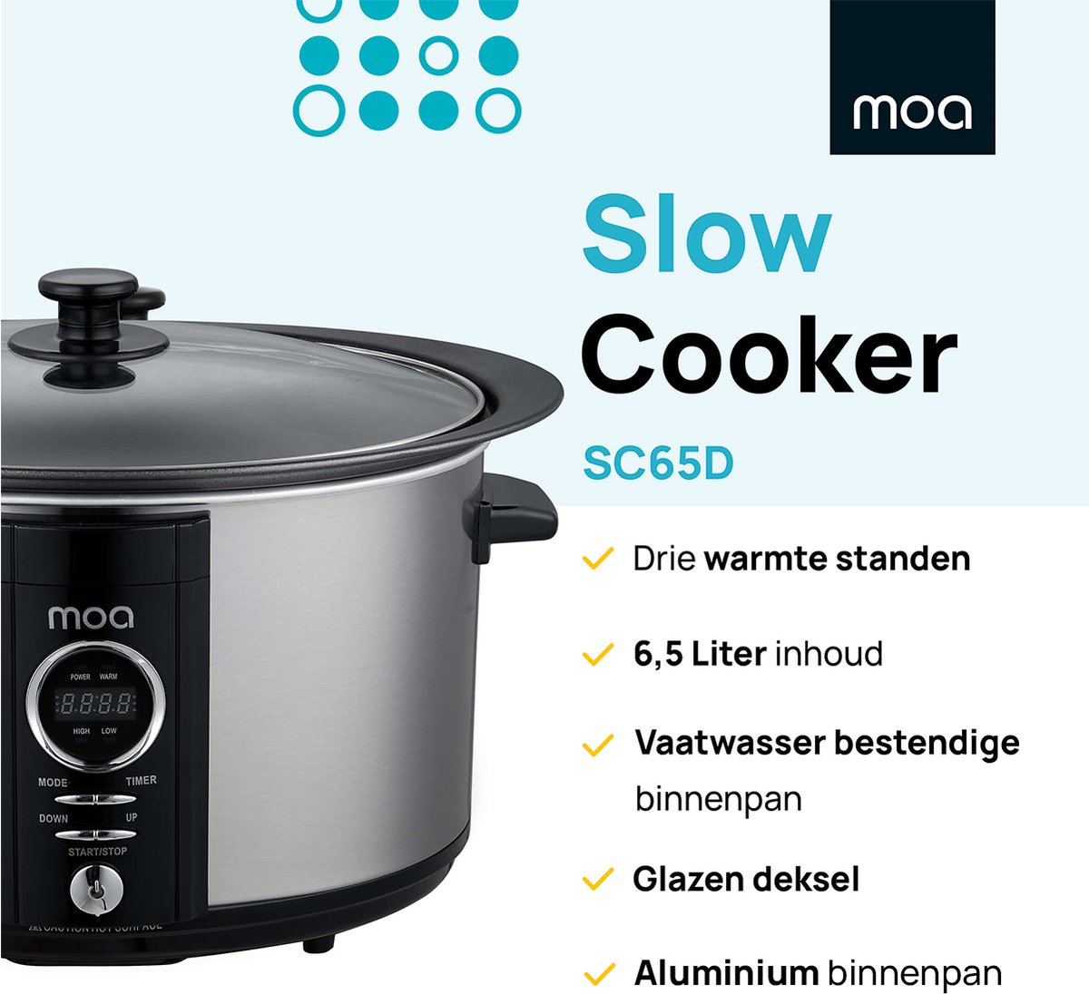 Afbeelding 2 van MOA Slowcooker met Timer - 6,5L - Ø 24,5cm - Aluminium Binnenpan - Doorzichtige Deksel - 3 Warmtestanden - Vaatwasserbestendig - BPA-vrij - RVS