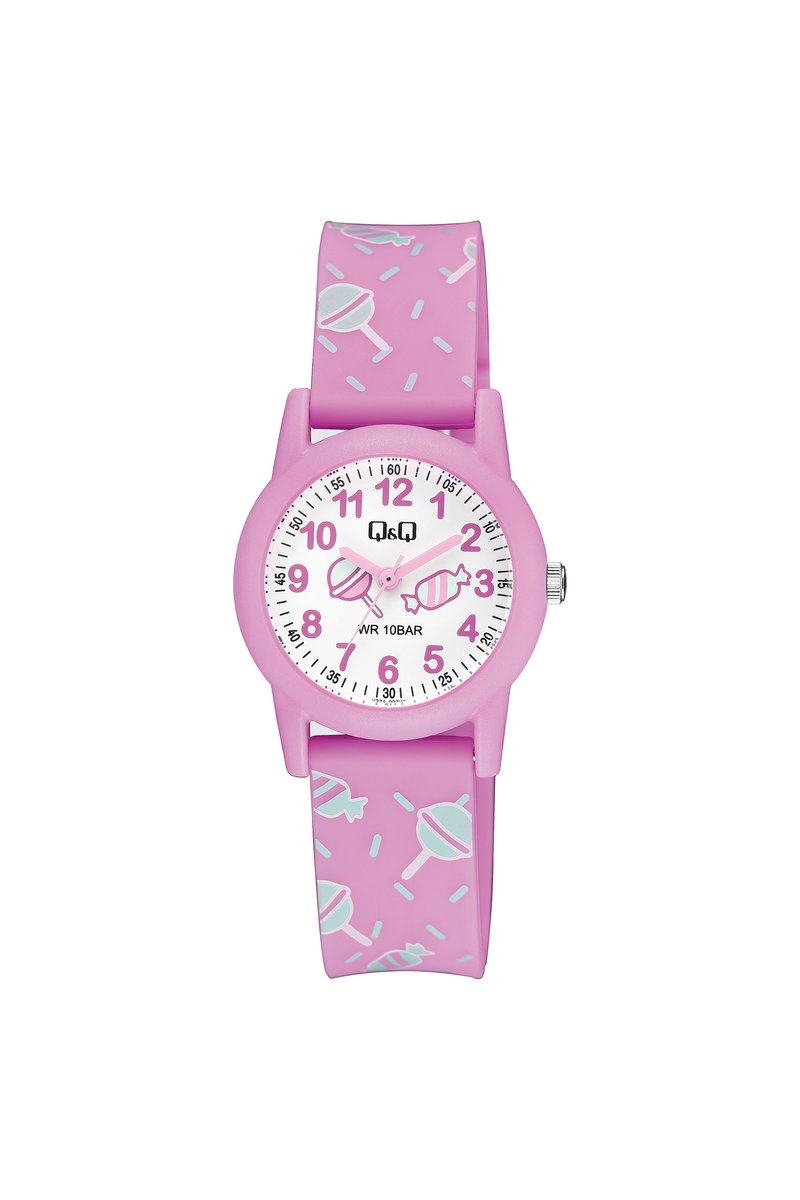 QQ V22A-003VY - Horloge - Polshorloge - Sport - Analoog - Kinderen - Unisex - Plastic band - Rond - Kunststof - Cijfers - Srepen - Lolly - DonkerRoze - LichtGroen - Wit - 10 ATM