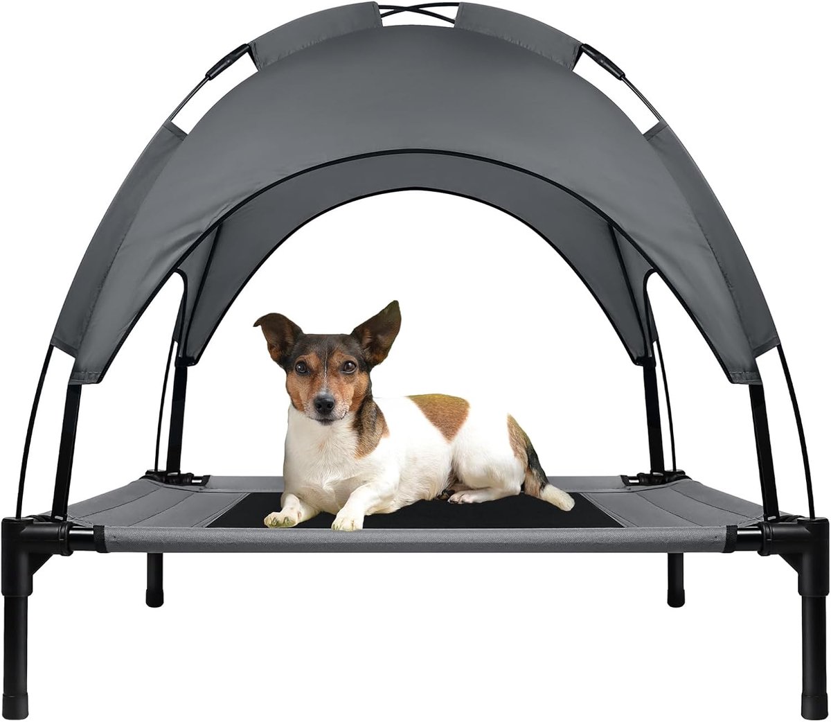Aufun Hondenbed met hemel, L 92 x B 76 x H 92 cm, verhoogd hondenbed met dak en ijzeren frame, hondenbed tuin, hondenbed buiten, ademend, kattenbed kattenbed (L)