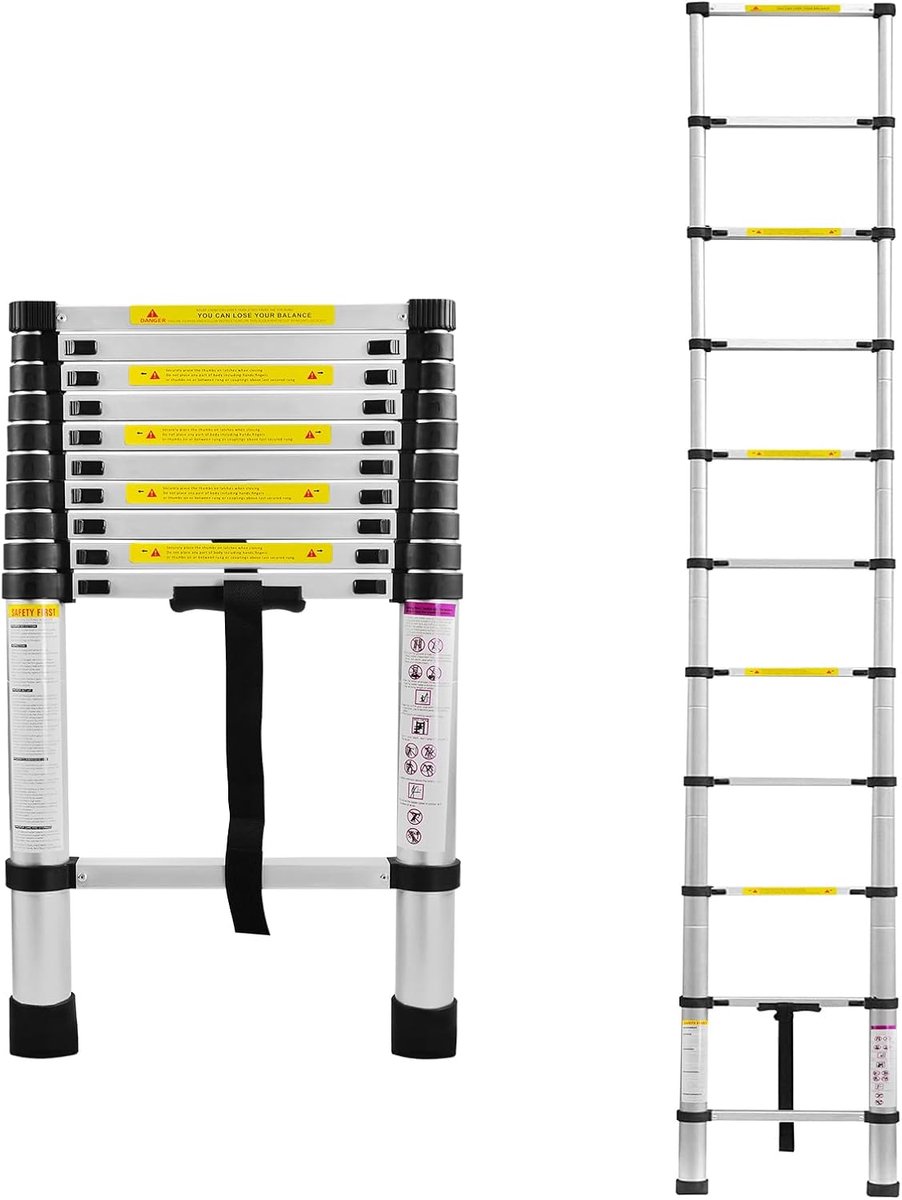 Aufun Aluminium telescopische ladder 3.2 m - Opvouwbaar - Trapladder en uitschuifladder - Multifunctioneel - Leunladder