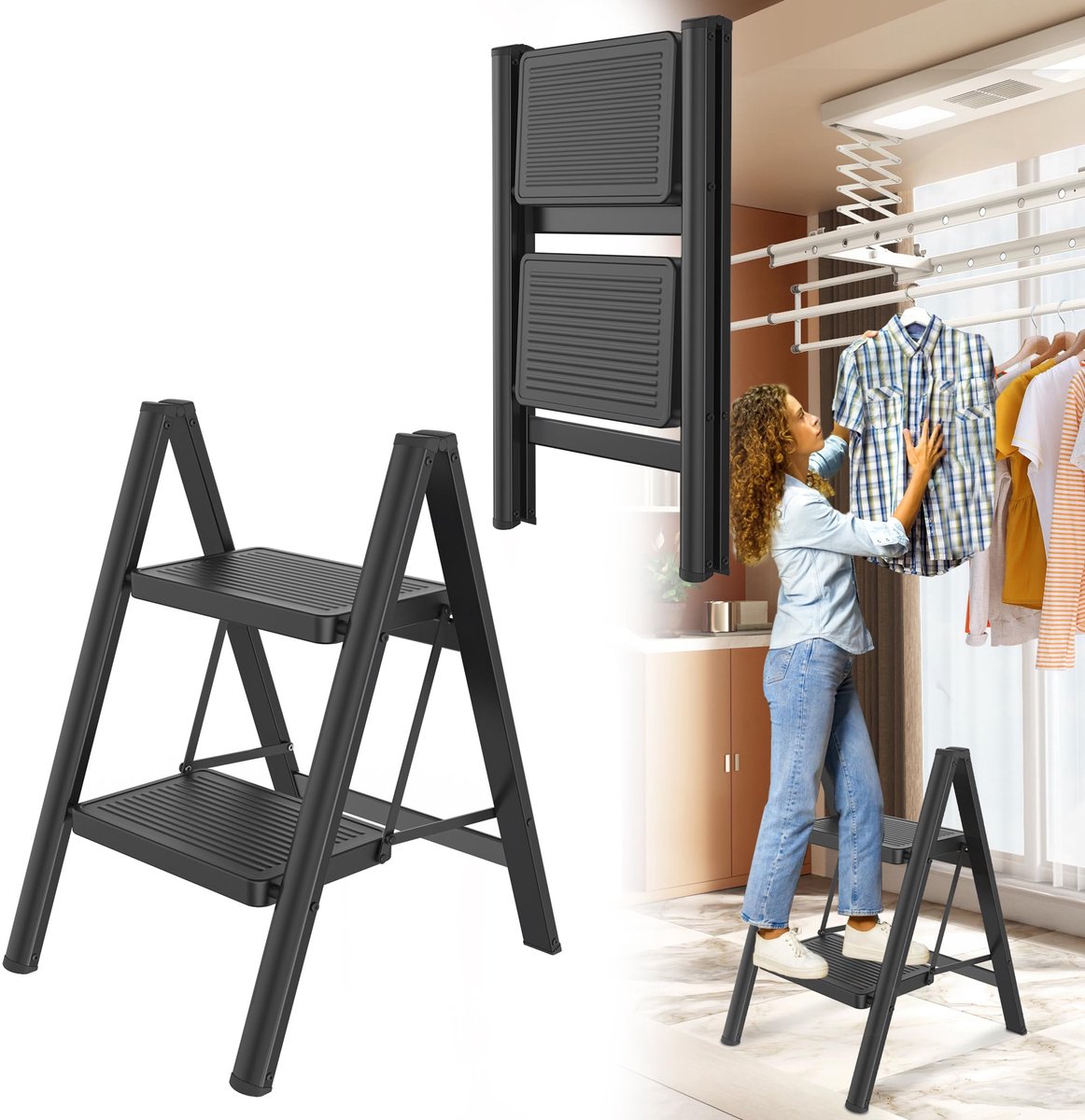 Aufun Pensioengeleider 2-stappen ladder - Vouwbare trapladder - Antislip pedaal - Draagvermogen 150 kg