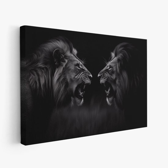 FineArtia - Zwart-wit leeuwengevecht - Canvas Schilderij - 150 x 100 cm - Woonkamer Decoratie - Blauw;Zwart - Slaapkamer Schilderij - Wanddecoratie