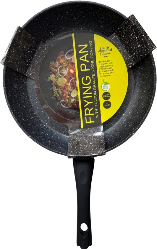 Zwarte koekenpan met granieten look, met 'Dutch Standard' label en afbeelding van eten.
