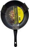 Zwarte koekenpan met granieten look, met 'Dutch Standard' label en afbeelding van eten.