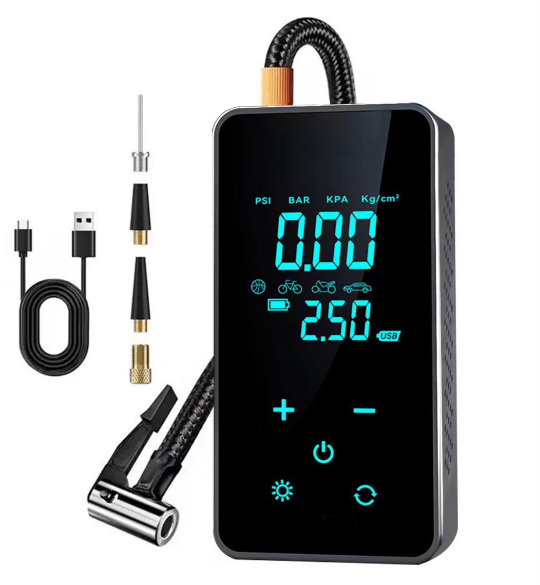 GUUUS® Elektrische Luchtpomp – Universeel & Automatisch – Voor Auto, Motor, Fiets, Scooter, Voetbal & Luchtbed – Krachtig tot 10.3 Bar – 7000mAh Powerbankfunctie – Incl. Opbergzakje