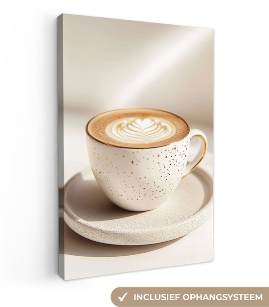 Canvas schilderij 60x90 cm - Exclusieve wanddecoratie Cappuccino - Schuim - Schotel - Beige - Muurdecoratie woonkamer - Slaapkamer decoratie - Kamer accessoires - Schilderijen op canvas