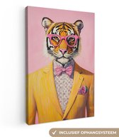 Tableau sur toile 80x120 cm - Décoration murale exclusive Tigre - Lunettes - Jaune - Veste - Décoration murale salon - Décoration chambre à coucher - Accessoires de chambre - Tableaux sur toile