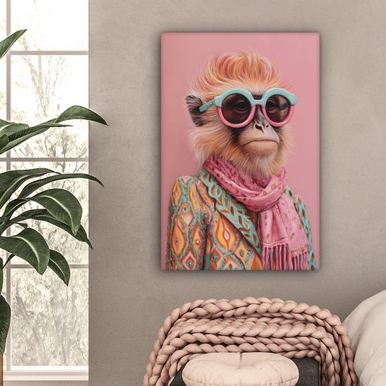 Tableau sur toile 60x90 cm - Décoration murale Foulard - Singe - Lunettes de soleil - Veste - Décoration murale salon - Décoration chambre - Accessoires chambre - Peintures sur toile