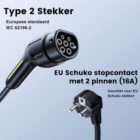 EV Oplader Type 2 Schuko, Draagbare EV-lader Type 2 3,7 kW [1-fase, 8m, 6- 16A] dé met Instelbaar Laadvermogen, EV-Lader en Mobiel Laadstation/Wallbox voor Model Y, XC40, X5, Sandero en Andere EV/PHEV