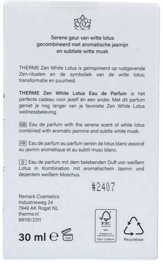 Verpakking van THERME Zen White Lotus Eau de Parfum, 30 ml. Beschrijft serene geur van witte lotus gecombineerd met aromatische jasmijn en subtiele witte musk.
