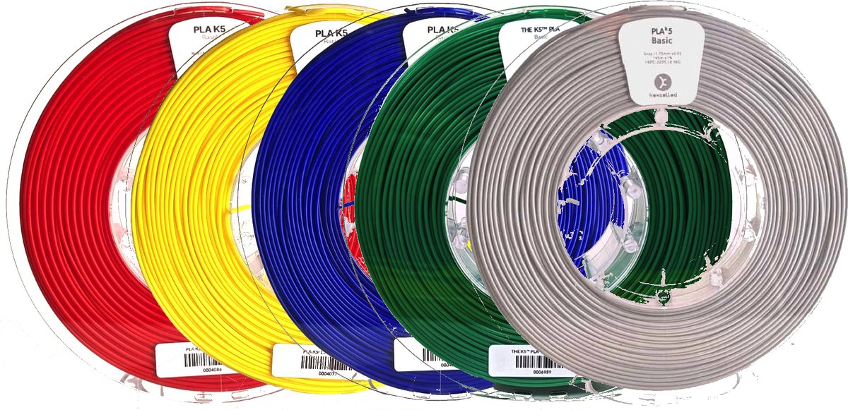 Kexcelled PLA Combideal 5 x 500g = 2,5kg Printer filament: Rood + Geel + Blauw + Groen & Grijs - 1.75mm 3D Printer filament
