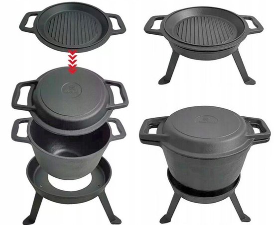 Kinghoff Gietijzeren Dutch Oven 10L – 3-in-1 Outdoor Kookset | Stoofpot, Grill en Kampvuurpan — afbeelding 3
