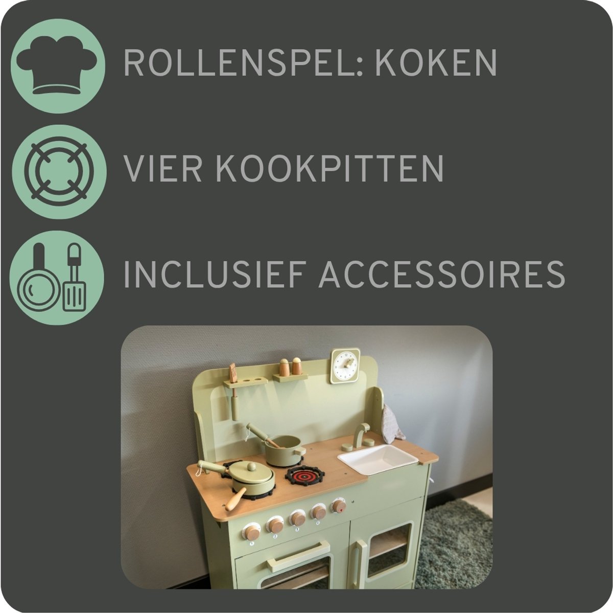 Bandits & Angels Houten Kinderkeuken Chef Deluxe XL Green vanaf 3 jaar voor Jongens en Meisjes - Aanrechthoogte 59 cm - incl. 9 Accessoires - Kinder Keuken Groen - Keukentje Hout — afbeelding 6