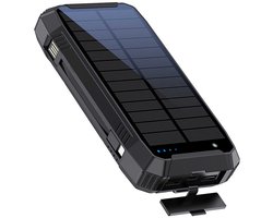 ISHIVA® Solar Powerbank 30.000 mAh – Noodpakket – 22,5W Snelladen, Draadloos (Qi), USB-C & 2×USB-A, Ingebouwde USB-C/Lightning, LED & Kompas – Zwart- 2 jaar Garantie
