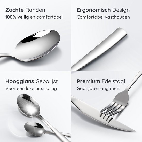 Ménagère Deleca Essential pour 8 personnes (48 pièces) - Cuillères, Couteaux, Fourchettes, Couteaux à steak et fourchettes à pâtisserie - Passe au lave-vaisselle - Argent brillant / Acier inoxydable