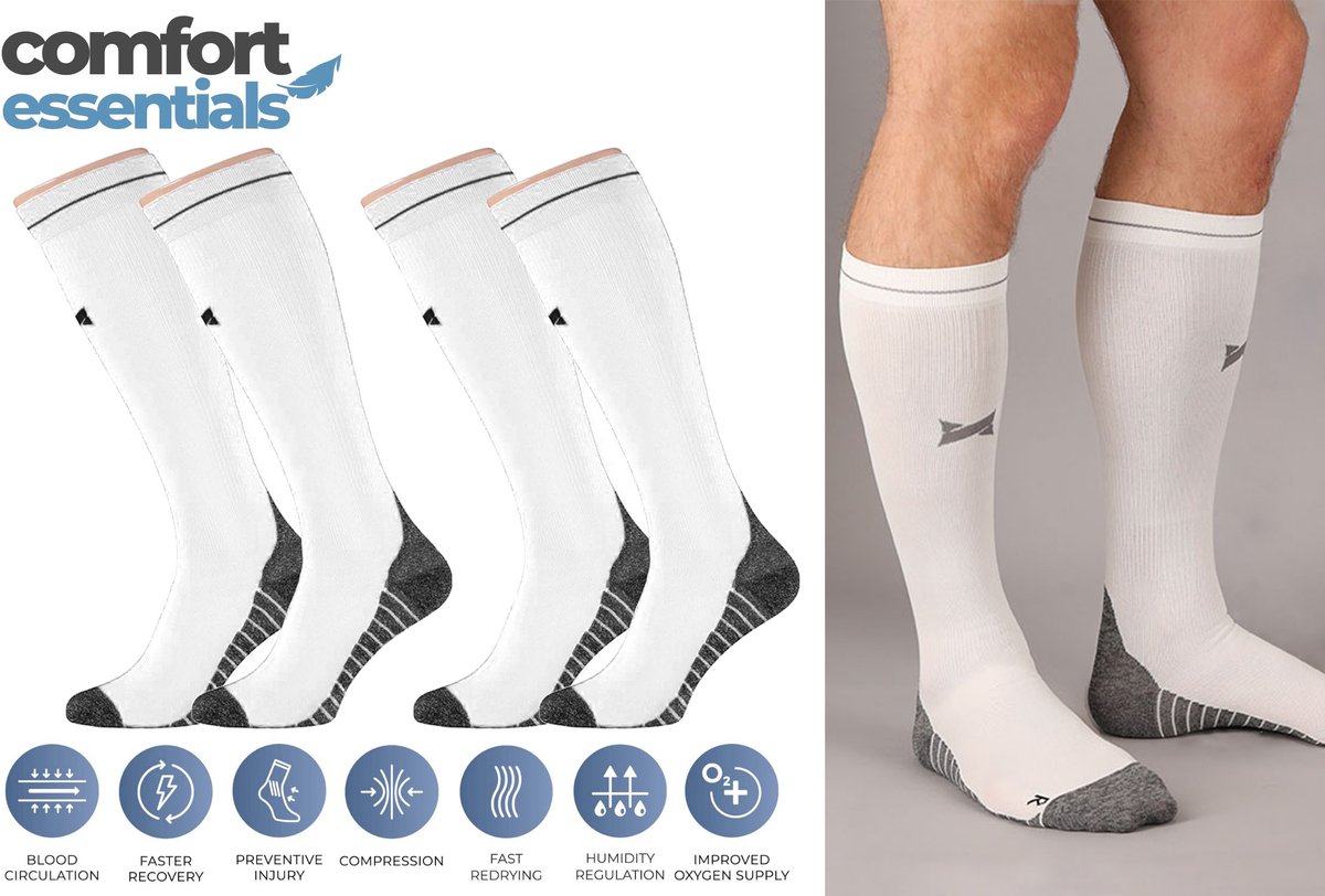 Comfort Essentials - Compressiekousen - Compressie Sokken - 2 Pack - Wit - Maat 39-42 - Hardloopsokken - Steunkousen - Sportsokken - Skisokken