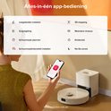 Witte robotstofzuiger en dockingstation bediend via app. Toont instellingen, 3D-mapping, meerdere niveaus, kinderslot.
