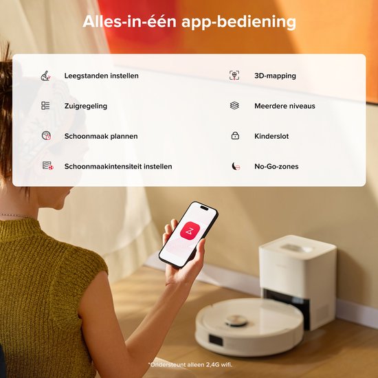 Witte robotstofzuiger en dockingstation bediend via app. Toont instellingen, 3D-mapping, meerdere niveaus, kinderslot.