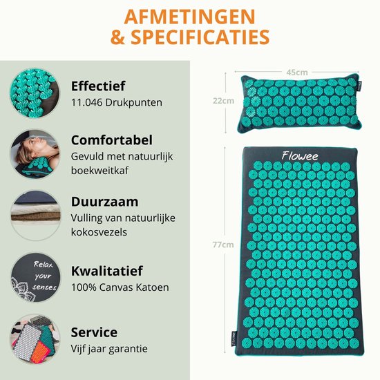 Flowee Spijkermat ECO & spijkerkussen SET - Grijs met zeegroen - Vulling Kokosvezels & Boekweitkaf (77x45+22x44cm) - Acupressuur Mat - Spijkerbed - Acupunctuur - Shakti Massage - Vijf jaar Garantie