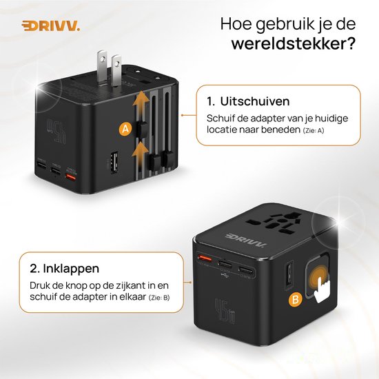 Illustratie van de DRIVV. reisadapter: A. uitschuiven van de stekkers, B. inklappen door op de knop te drukken.