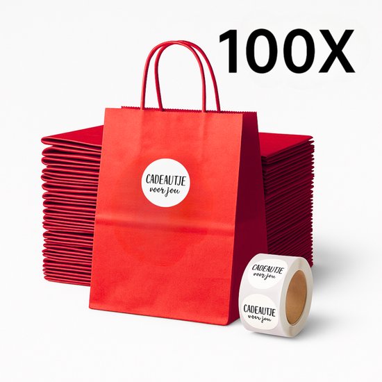 Papieren Draagtas (S) - Rood - (Inclusief Stickers “Cadeautje voor jou”) - 100 Stuks - 18x8x22 cm - Papieren Tasjes - Kraft Tas - Tassen - Cadeau Tas - Hoogwaardig Natron Kraft Papier - Eco-vriendelijk