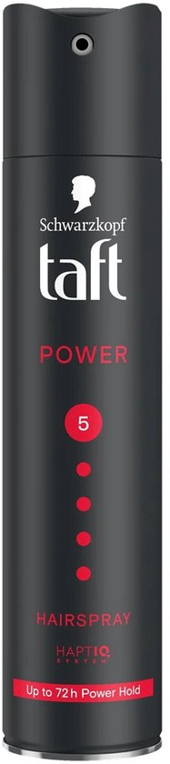 Zwarte spuitbus met Taft logo, 'POWER' en 5 rode stippen. Hairspray tot 72 uur hold.